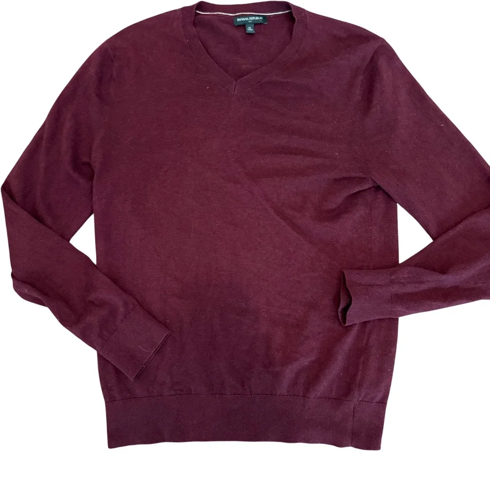 Banana Republic Mens V-Neck Sweater Burgundy Maroon Cotton Blend Size M Holiday
